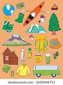 Cute camping and hiking sticker collection with colorful nature and travel elements. Perfect for outdoor adventure, wilderness, or travel themed designs and creative projects.