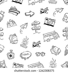 cute camping icons in seamless pattern with doodle or hand drawn style