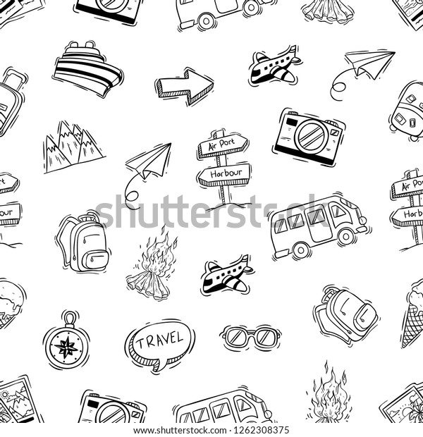 cute camping icons in seamless pattern with doodle\
or hand drawn style