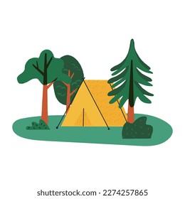 Cute camping landscape, nature recreation, elements set. Touristic yellow tent on a meadow, shelter surrounded by trees, spruce, and scrubs. Hand-drawn vector illustration with retro vibes.