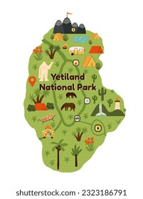 Un lindo mapa de camping, un fantástico paisaje del Parque Nacional Yetiland con ondear Yeti, auto, camper y tiendas turísticas, rodeado de montañas y árboles forestales. Ilustración vectorial.