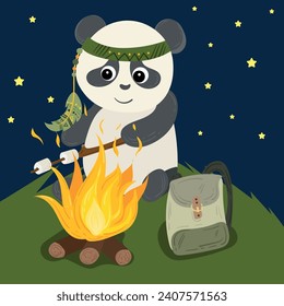 A cute camping panda vector illustration. Little bear sitting in front of bonfire with marshmallow and backpack. Starry sky nuery scenery. For cards, calendars, design, notebooks