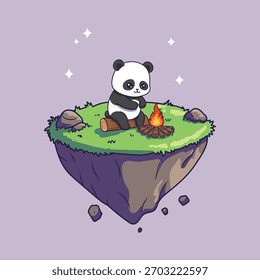 Cute Camping Panda Vector Illustration Sitting by Fire on Floating Island with Purple Starry Background