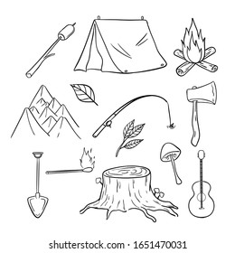 Cute camping and recreation icons or elements with hand drawn style