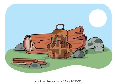 Cute camping scene in cartoon style with outline. Vector backpack on grass.