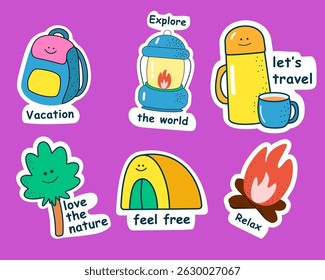 Cute Camping Stickers. Inspirational Quotes And Hiking Elements, Colorful Outdoor Adventure Elements With Backpack, Thermos, Tent, Tree, Fire, Lantern