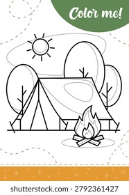 Cute Camping Tent and Bonfire Coloring Page for Kids, Vector Outline Illustration of Summer Camp in Forest with Trees and Sun, Fun Kindergarten Activity and Outdoor Adventure Educational Coloring Book Template.