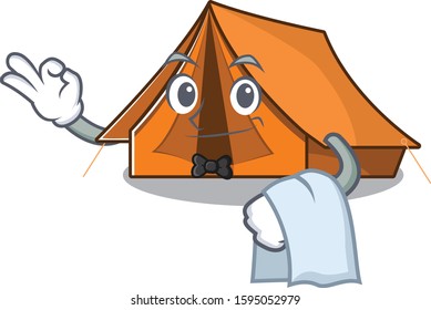 Cute camping tent Scroll Character stand as a Waiter look