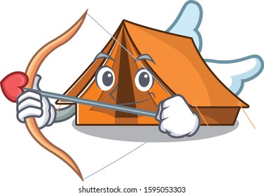 Cute camping tent Scroll Cupid cartoon character with arrow and wings