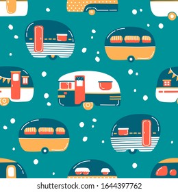 Cute camping trailers seamless pattern, mobile home on colorful background. Tourism, travelling concept. Hand drawn flat vector illustration in cartoon style. T-shirt print, wallpaper, paper, textile.