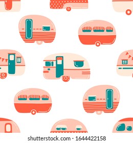 Cute camping trailers seamless pattern, mobile home on white background. Tourism, summer, travelling concept. Hand drawn flat vector illustration in cartoon style. T-shirt print, wallpaper, textile.