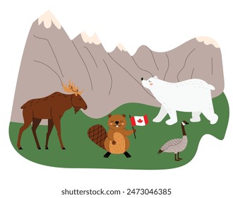 Lindos animales canadienses en el fondo del paisaje de montaña. Alce, castor, ganso de Canadá, oso polar, bandera canadiense. Ilustración vectorial en estilo plano. 