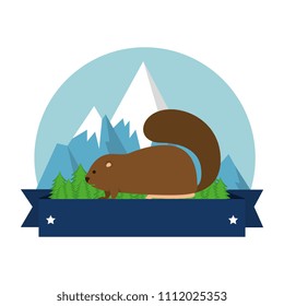 cute canadian marmot with ribbon and landscape