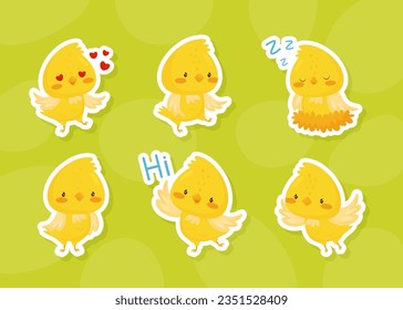 Cute Canary Cartoon Yellow Bird Vector Sticker Set