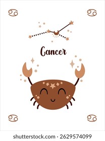 Cute Cancer star sign poster for kids - zodiac baby wall art. Cancer zodiac baby card in cartoon flat style.