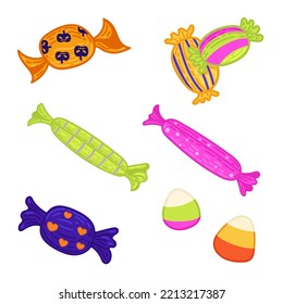 Cute candies vector illustration set. Halloween, trick or treat.