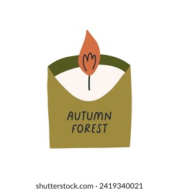 Cute candle with autumn forest scent, cartoon flat vector illustration isolated on white background. Hand drawn scented candle. Home decor element.