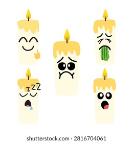 Cute Candle Emoji Character Set Volume 3, Kawaii Funny Candle Mascot Sticker Pack Vector