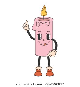 Cute candle in groovy 70s  style. Trendy retro style for Christmas design. Vector illustration.
