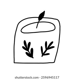 Cute candle in jar, hand drawn outline vector illustration isolated on white background. Home decor design element in doodle style.