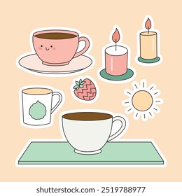 Cute Candles and Cups Sticker Set. Cozy and Kawaii Home Decor Stickers