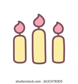 Cute candles icon. Нand-drawn illustration of three softly glowing candles isolated on a white background. Kawaii sticker. Vector 10 EPS.