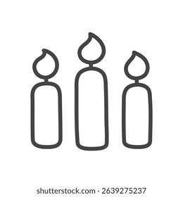 Cute candles icon. Monochrome hand drawn illustration of three glowing candles isolated on a white background. Kawaii sticker. Vector 10 EPS.
