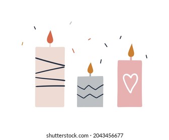 Cute candles isolated on white background. Cozy hygge home decoration. Flat hand drawn vector illustration.