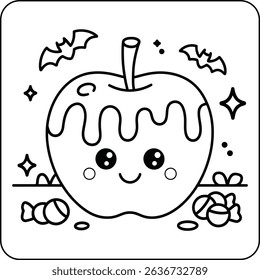 Cute Candy Apple with Bats and Candy Line Art Coloring Page