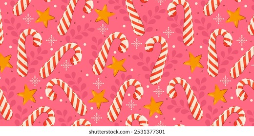 Cute candy cane pattern for Christmas. Holiday pattern with traditional decorations : candy cane, stars, leaves. 