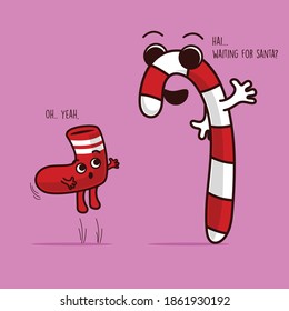 Cute Candy Cane and Sock Waiting for Santa Clause. Cute Christmas Cartoon Elements. Usable as banner, greeting card, gift package etc.