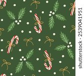 Cute candy canes with bows, berries and holly plant leaves seamless pattern. Holiday season festive background. Elegant design for wrapping paper, fabric.