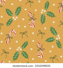 Cute candy canes with bows, berries and holly plant leaves seamless pattern. Holiday season festive background. Elegant design for wrapping paper, fabric.