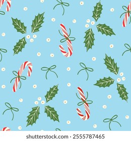 Cute candy canes with bows, berries and holly plant leaves seamless pattern. Holiday season festive background. Elegant design for wrapping paper, fabric.