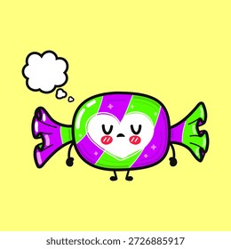 Personagem doce bonito ponderando com uma bolha de pensamento em branco, ilustrando conceitos de pensamento, infância, sonhos e ideias doces em um estilo gráfico encantador contra um fundo amarelo