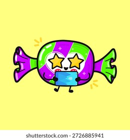Cute candy character with star shaped eyes showing excitement and joy while holding and interacting with a modern digital tablet against a cheerful yellow background