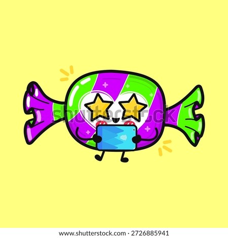 Cute candy character with star shaped eyes showing excitement and joy while holding and interacting with a modern digital tablet against a cheerful yellow background