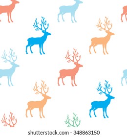 Cute candy colored deer, branched antlers, hand drawn vector seamless pattern