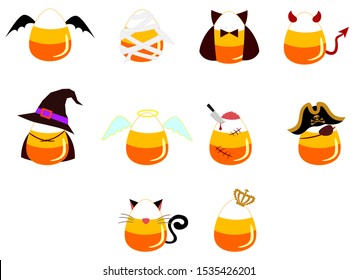 Cute candy corn cartoon characters wearing halloween costumes as bat, mummy, vampire, devil,witch,angel, zombie, pirate, cat and king. Vector illustration on isolated background.