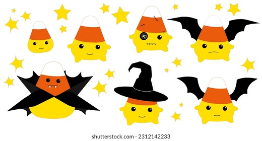 Cute candy corn cartoon characters wearing halloween costumes as bat, vampire, witch, zombie and candy. Vector illustration on isolated background.