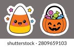 Cute Candy Corn and Jack O Lantern Candy Bucket Sticker Set | Kawaii Halloween Vector Illustration