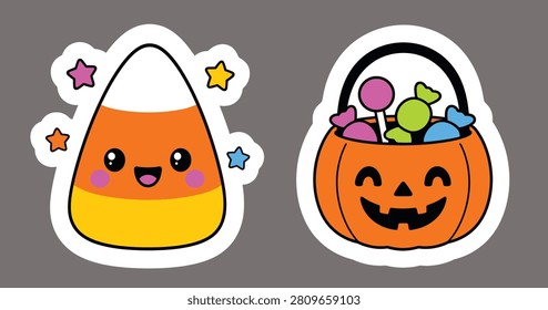 Cute Candy Corn and Jack O Lantern Candy Bucket Sticker Set | Kawaii Halloween Vector Illustration