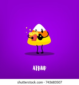 Cute candy corn with popcorn on violet background. Flat style. Vector card with emotion of fear.