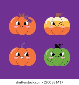 Cute candy corn pumpkin treat, Kawaii Jack o lantern cartoon with bow, Funny green pumpkin with cute face, happy pumpkin dead with straw illustration