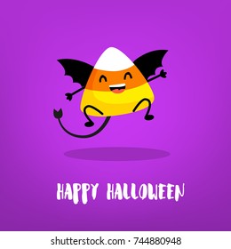 Cute candy corn with wings and devil tail on violet background. Flat style. Happy Halloween card. Vector. 