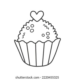 Cute candy in cupcake liner, Brazilian brigadeiro doodle. Brazilian sweet dessert line art, round chocolate with heart. Isolated vector illustration. Black outline on white background