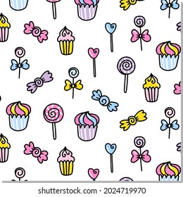 dulce dulce, bizcocho y rizo sin costura sobre fondo blanco. Ilustración del vector