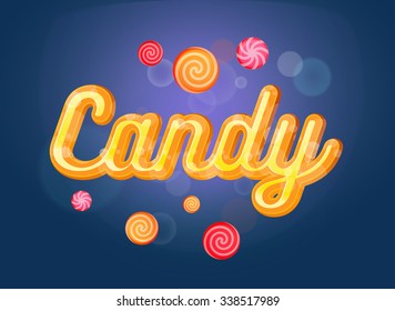 Cute candy font and sweets on the blue background.