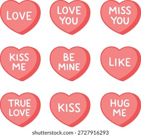 Mensajes lindos del corazón del caramelo fijados con frases de amor, iconos dulces de San Valentín