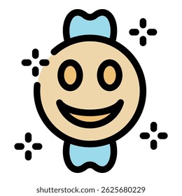 Cute candy icon with a happy face and sparkling details
